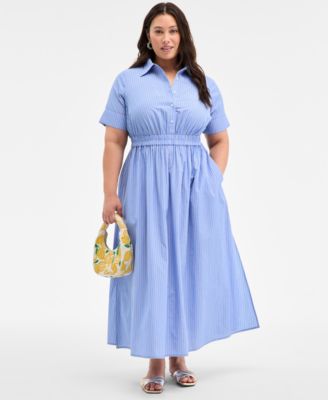 On 34th - Plus Size Striped Classic-Collar Midi Shirtdress