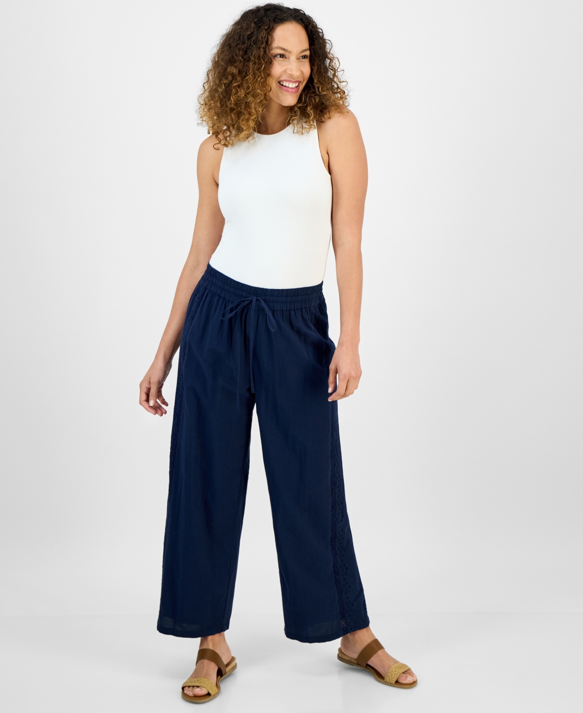 Petite Eyelet-Trim Wide-Leg Pants, Exclusively at Macy's - Industrial Blue