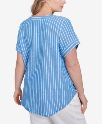 Plus Size Yarn Dye Stripe Embellished Tie Front Top