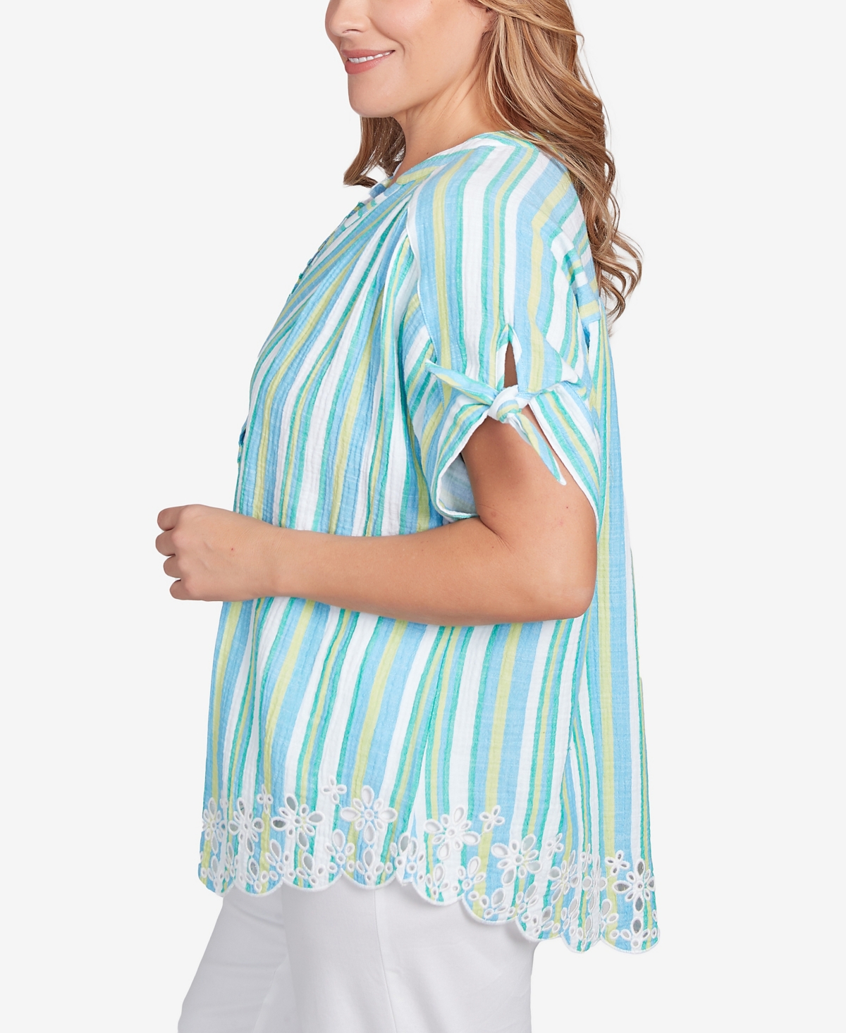 Ruby Rd. Plus Size Scalloped Stripe Embroidered Tie Sleeve Top In Blue