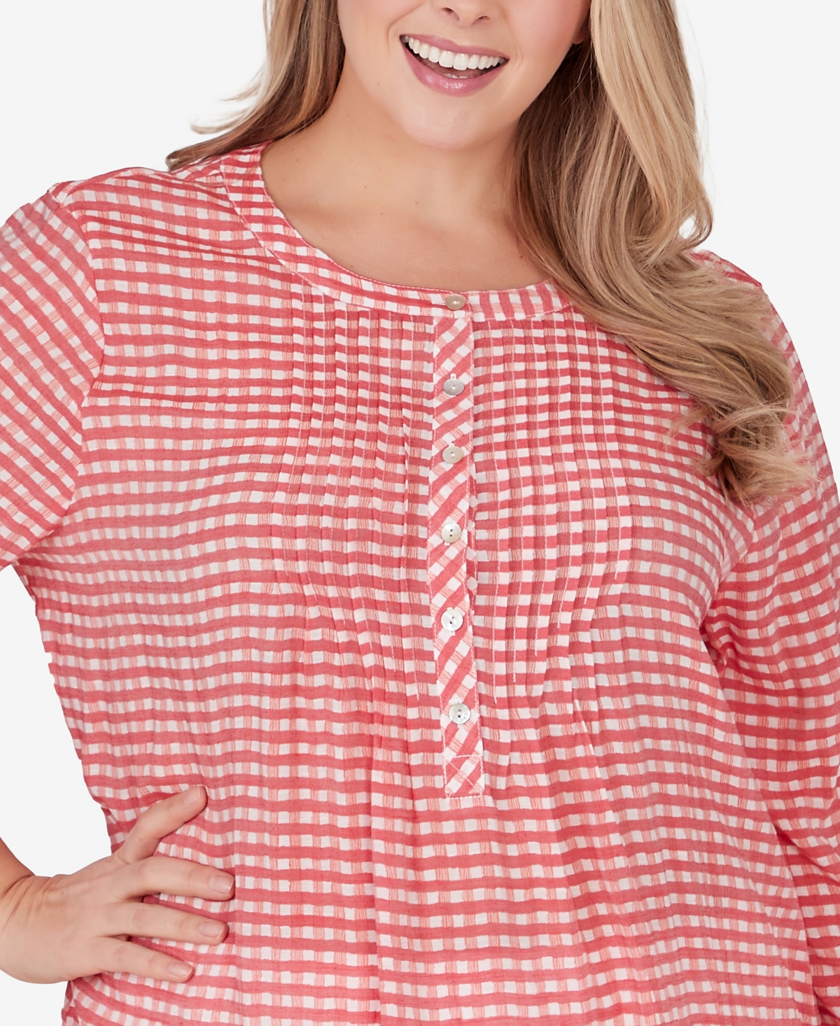 Ruby Rd. Plus Size Gingham Silky Henley Crew Neck Top