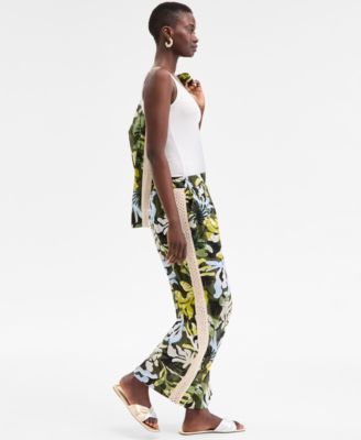 Women's Leaf-Print Crochet-Trim Wide-Leg Pants, Exclusively at Macy's