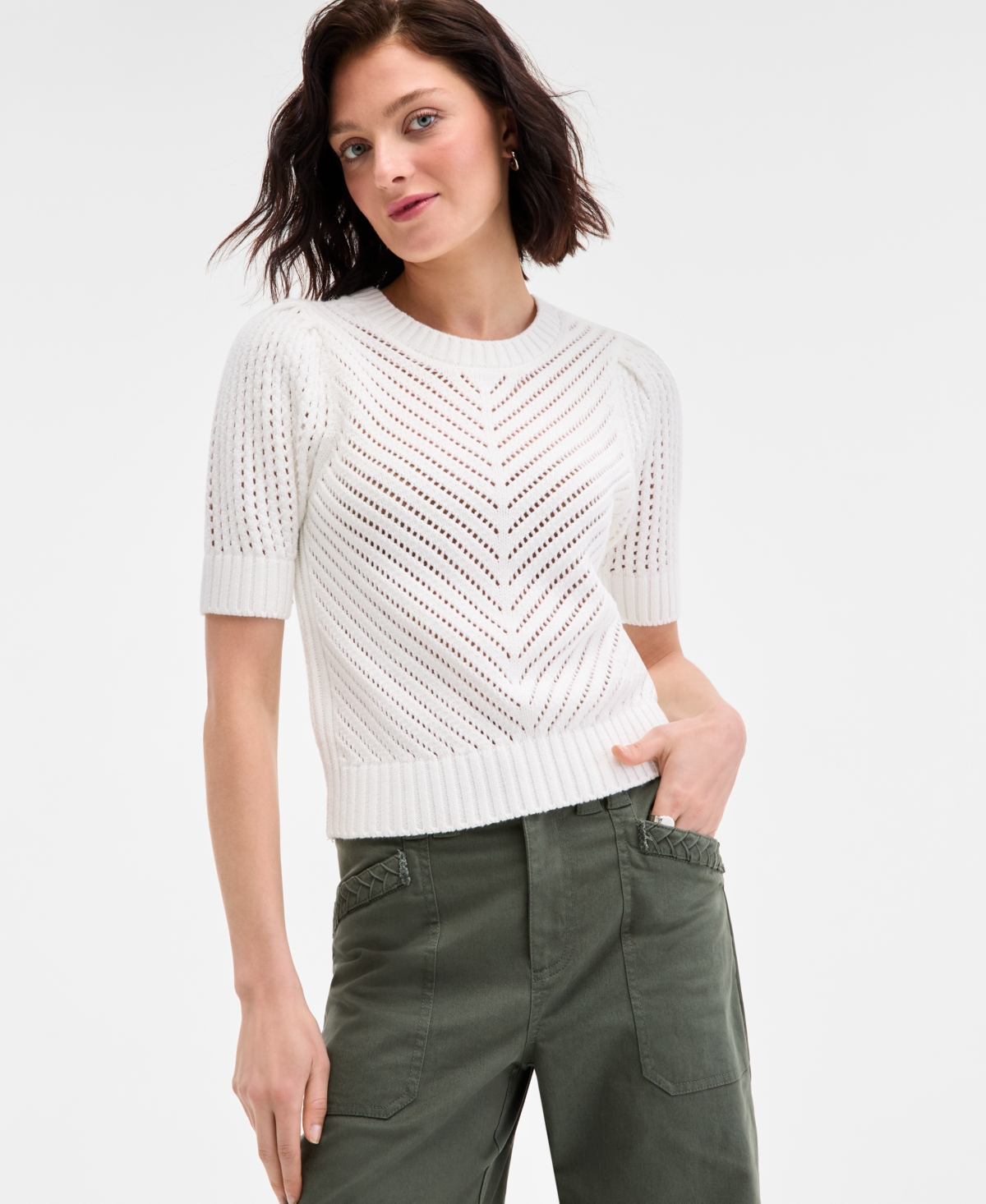 Women's Diagonal-Knit Puff-Sleeve Sweater, Exclusively at Macy's - Pale Spring