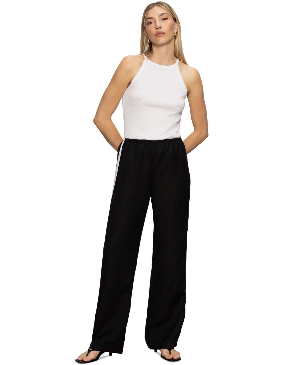 Women's Side-Striped Casual Track Pants - Black W/ Chalk Stripe