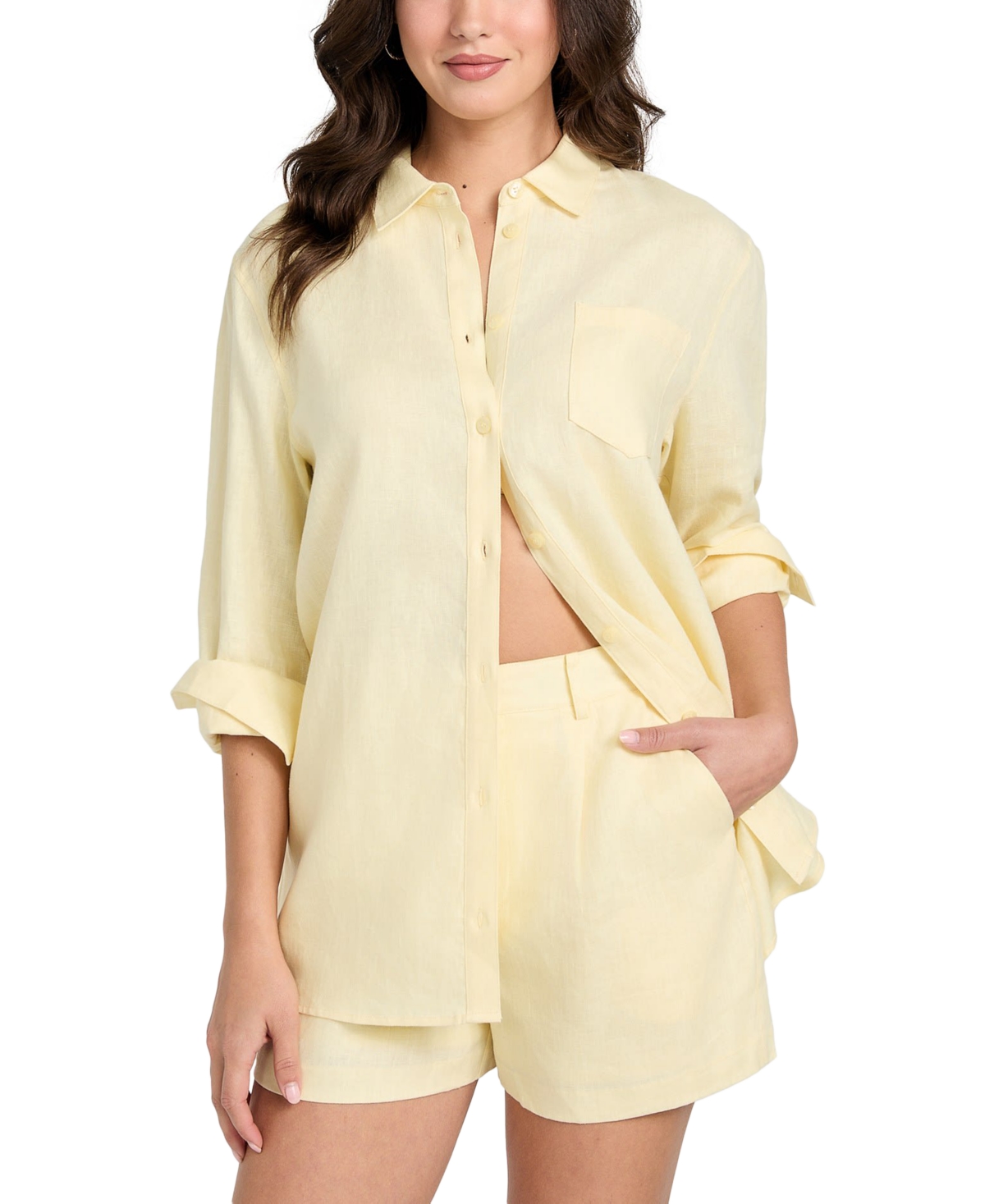 GUESS WOMEN'S LONG-SLEEVE LINEN BUTTON-UP SHIRT 