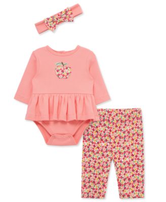 Little Me - Baby Girls Cotton Apple Bodysuit, Pants & Headband, 3 Piece Set