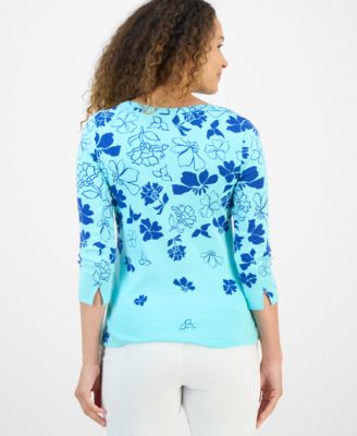 Petite Floral Spark Printed Pima Cotton 3/4-Sleeve Top, Exclusively at Macy's