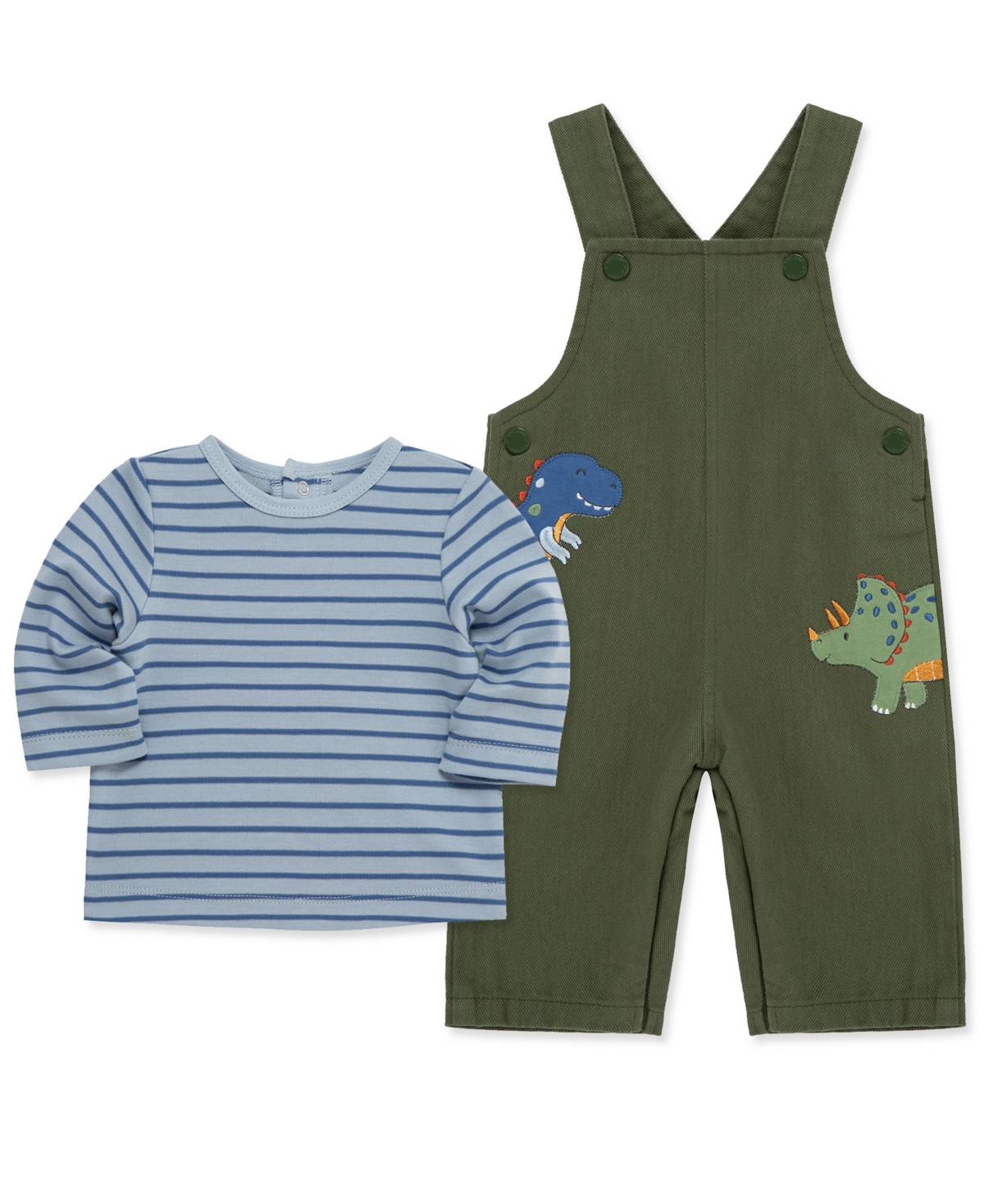 Little Me Baby Boys Cotton Striped T-shirt & Dino Overalls Set In Green