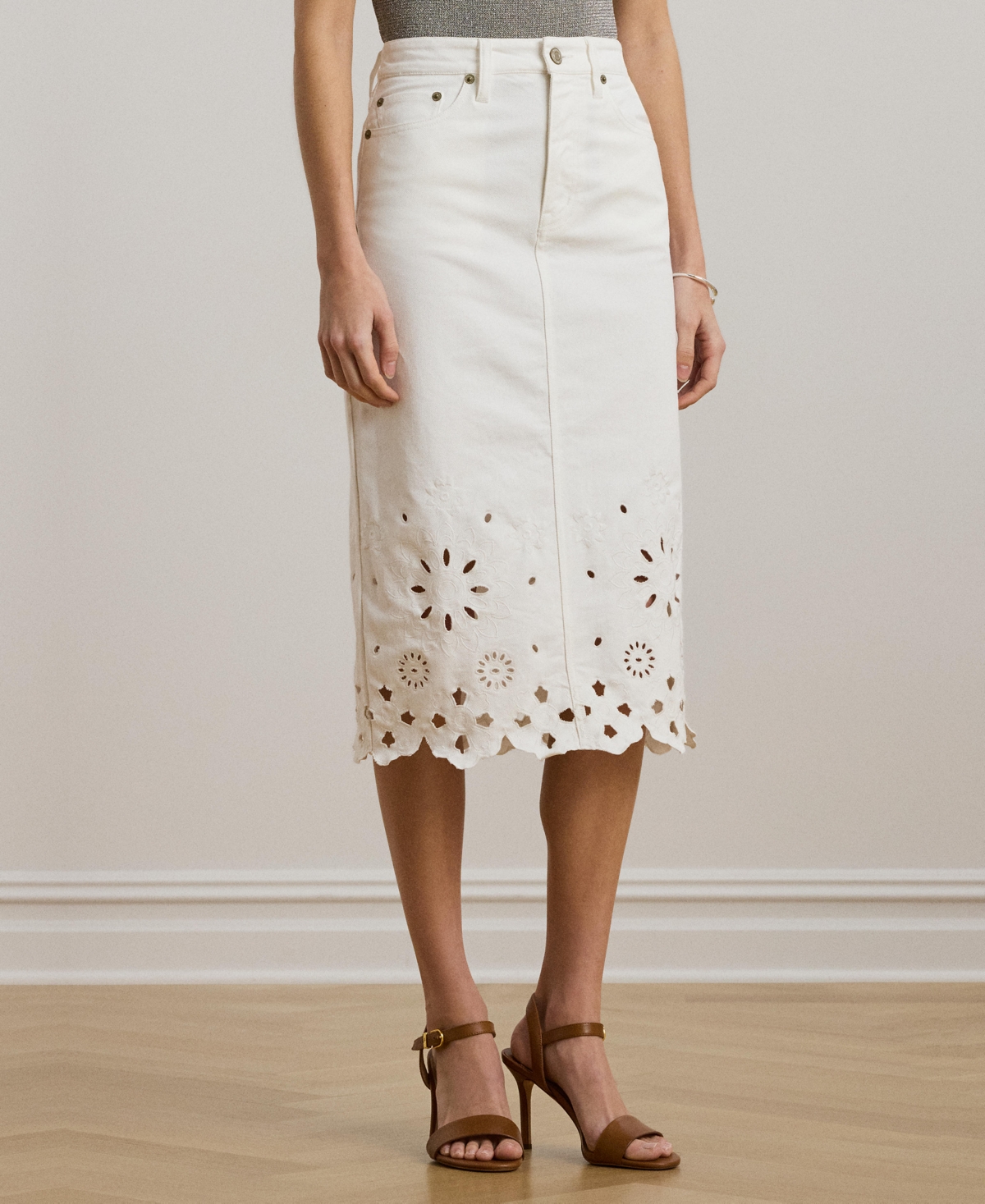 RALPH LAUREN WOMEN'S EYELET DENIM MIDI SKIRT 