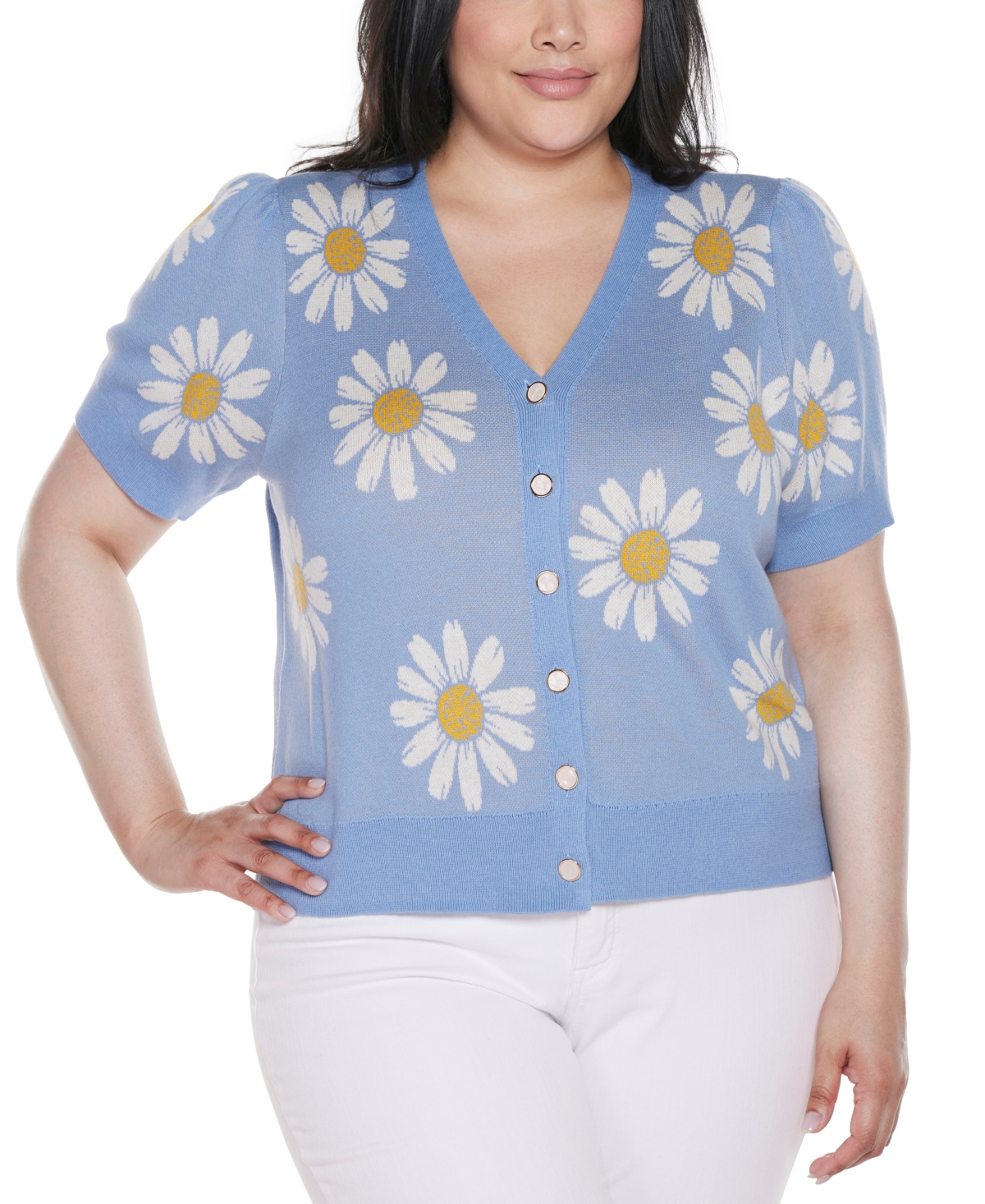 Plus Size Daisy Jacquard V-Neck Cardigan Sweater - Chambray