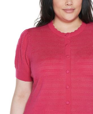Plus Size Pointelle Scalloped-Placket Cardigan Sweater