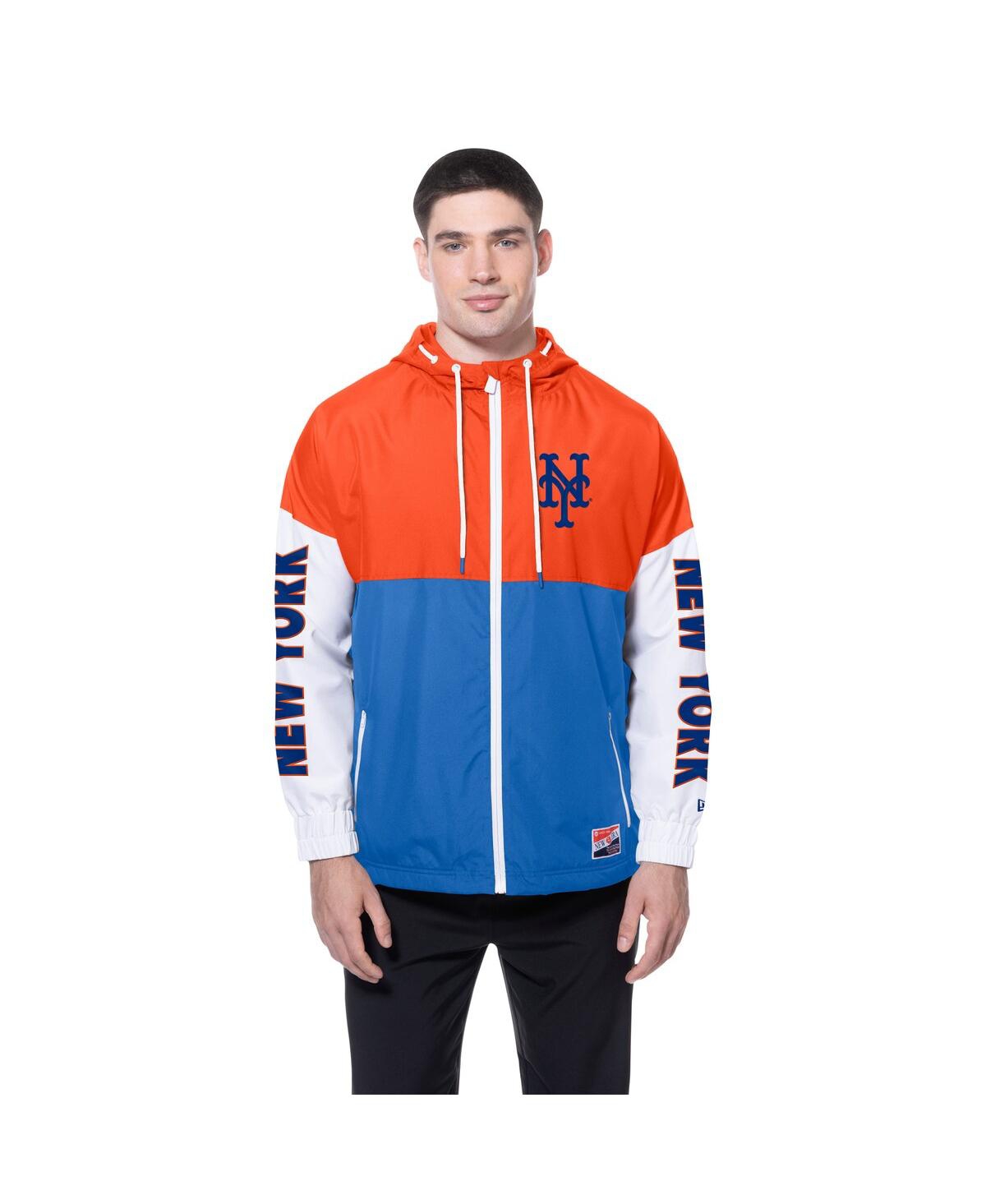 NEW ERA MEN'S ROYAL/ORANGE NEW YORK METS COLOR BLOCK FULL-ZIP HOODIE WINDBREAKER JACKET 