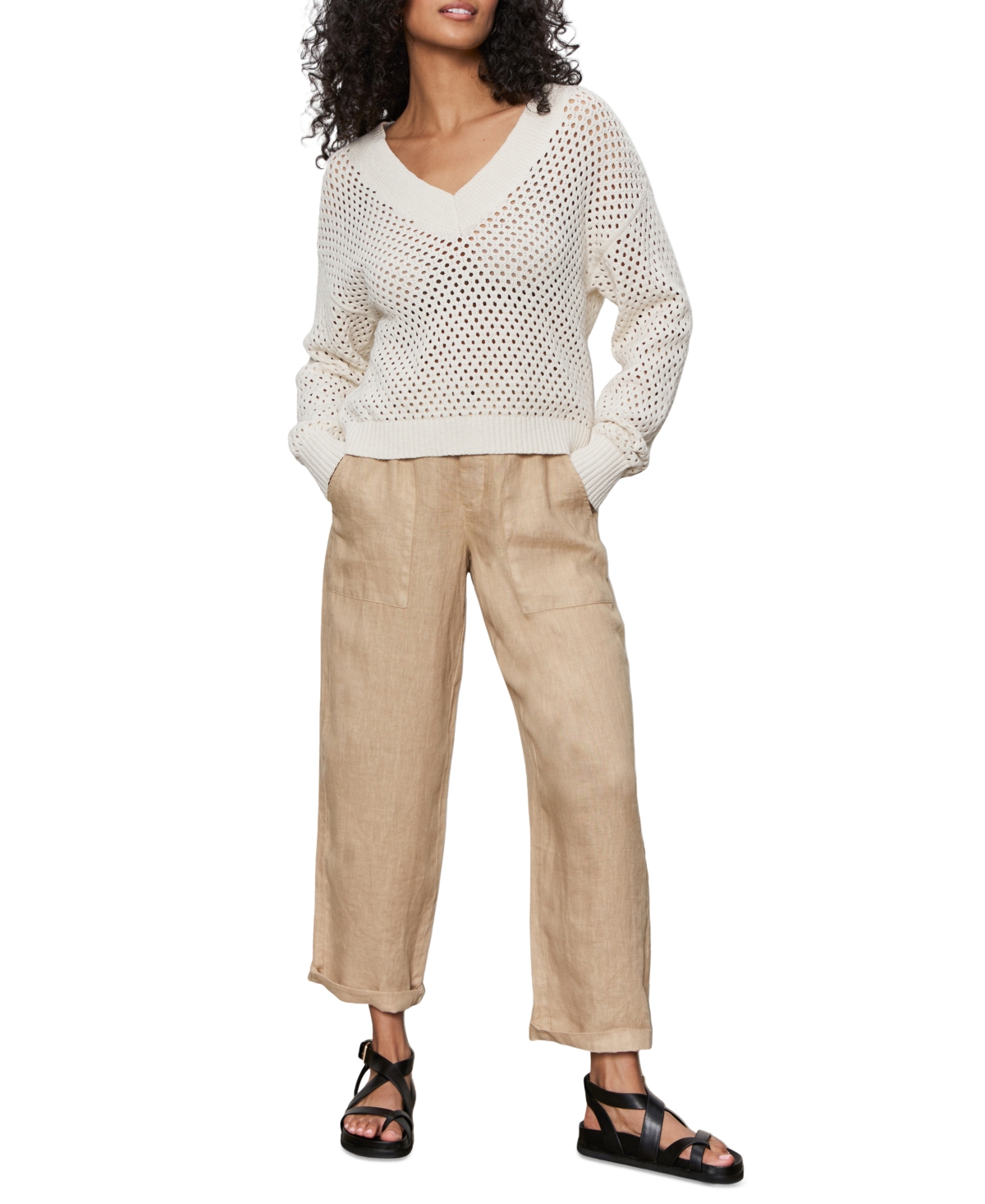 Women's Airy Openwork Cotton V-Neck Sweater - Macrame