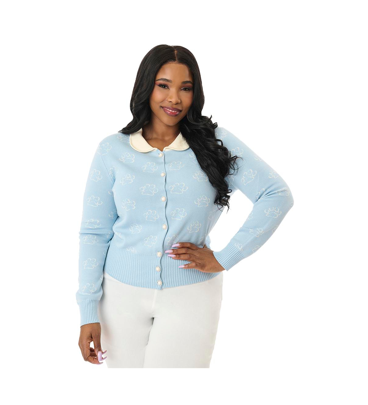 Plus Size Collared Knit Cardigan - Light blue