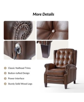 Silvia Button-tufted Genuine Leather Power Recliner with Solid Wood Legs