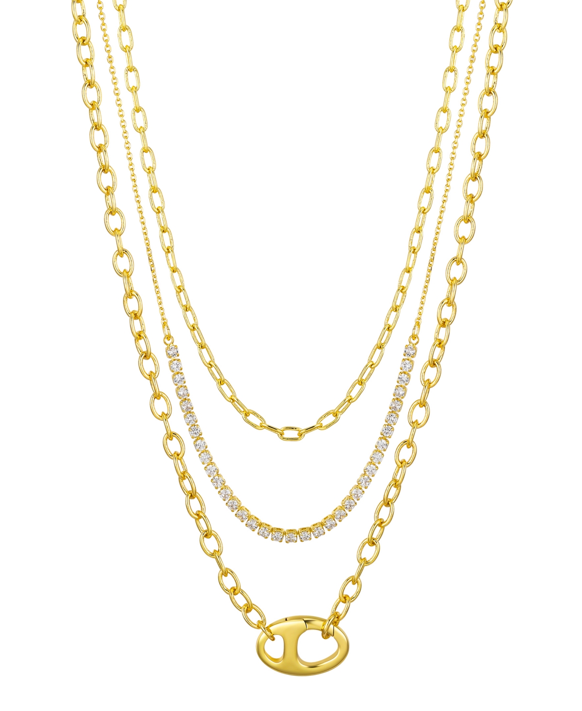 Cubic Zirconia Tennis Paperclip Oval Carabiner Layered Necklace Set - Gold