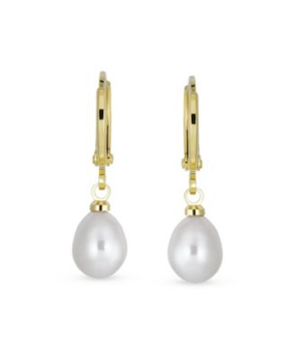 Classic Simple Yellow Gold Plated White Freshwater Cultured Pearl Pear Shape Teardrop Mini Hoop Huggie Drop Earrings