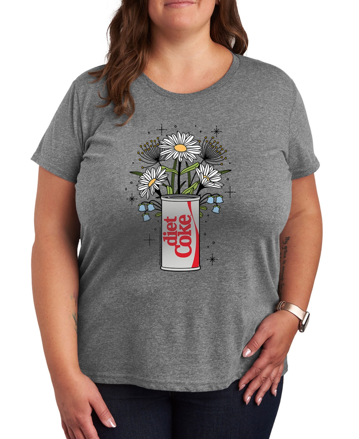 Plus Size Diet Coke Flowers Can Graphic T-Shirt - Grey
