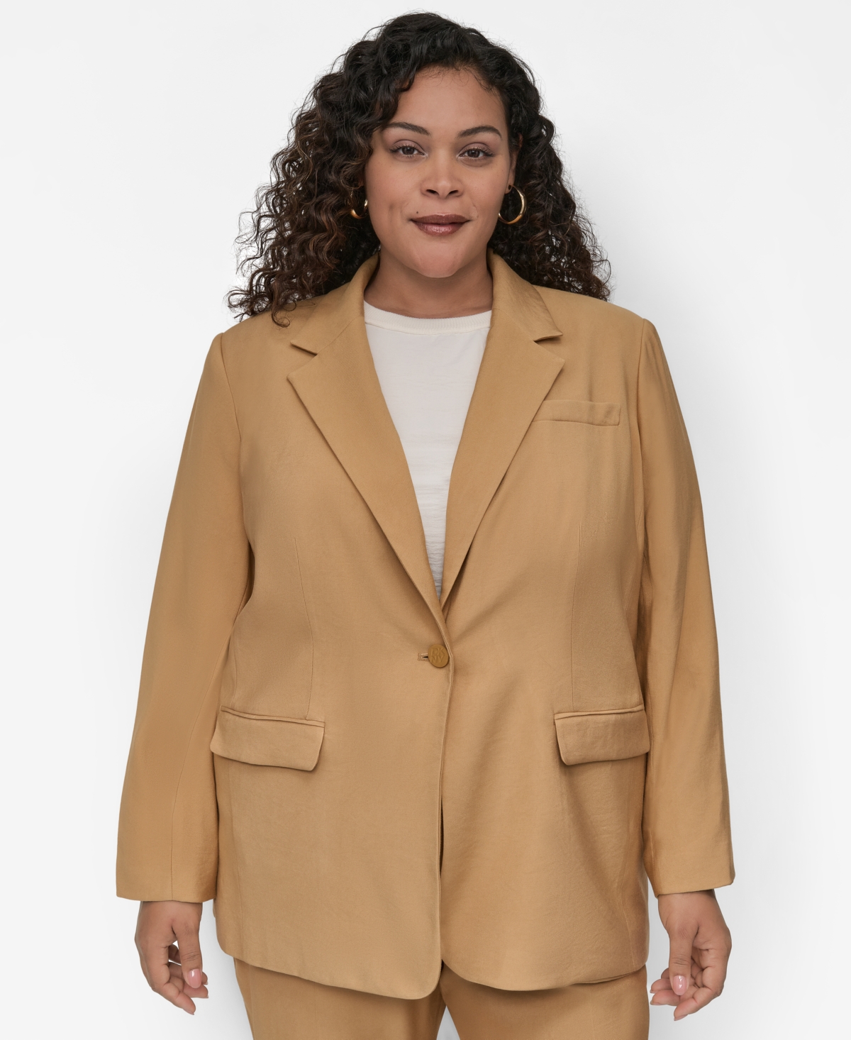 Plus Size Sueded Canvas One-Button Blazer - Whiskey