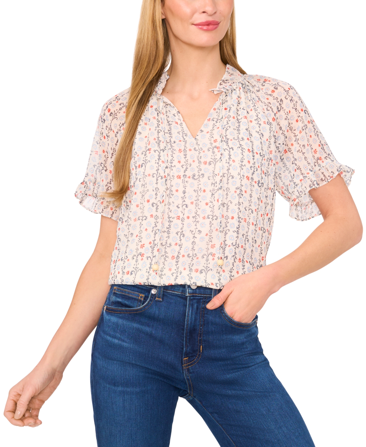 Women's Floral-Print Ruffled Top - Eggnog