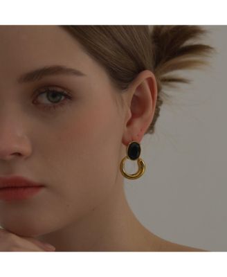 Gold Drop Earrings with Black Oval Crystal