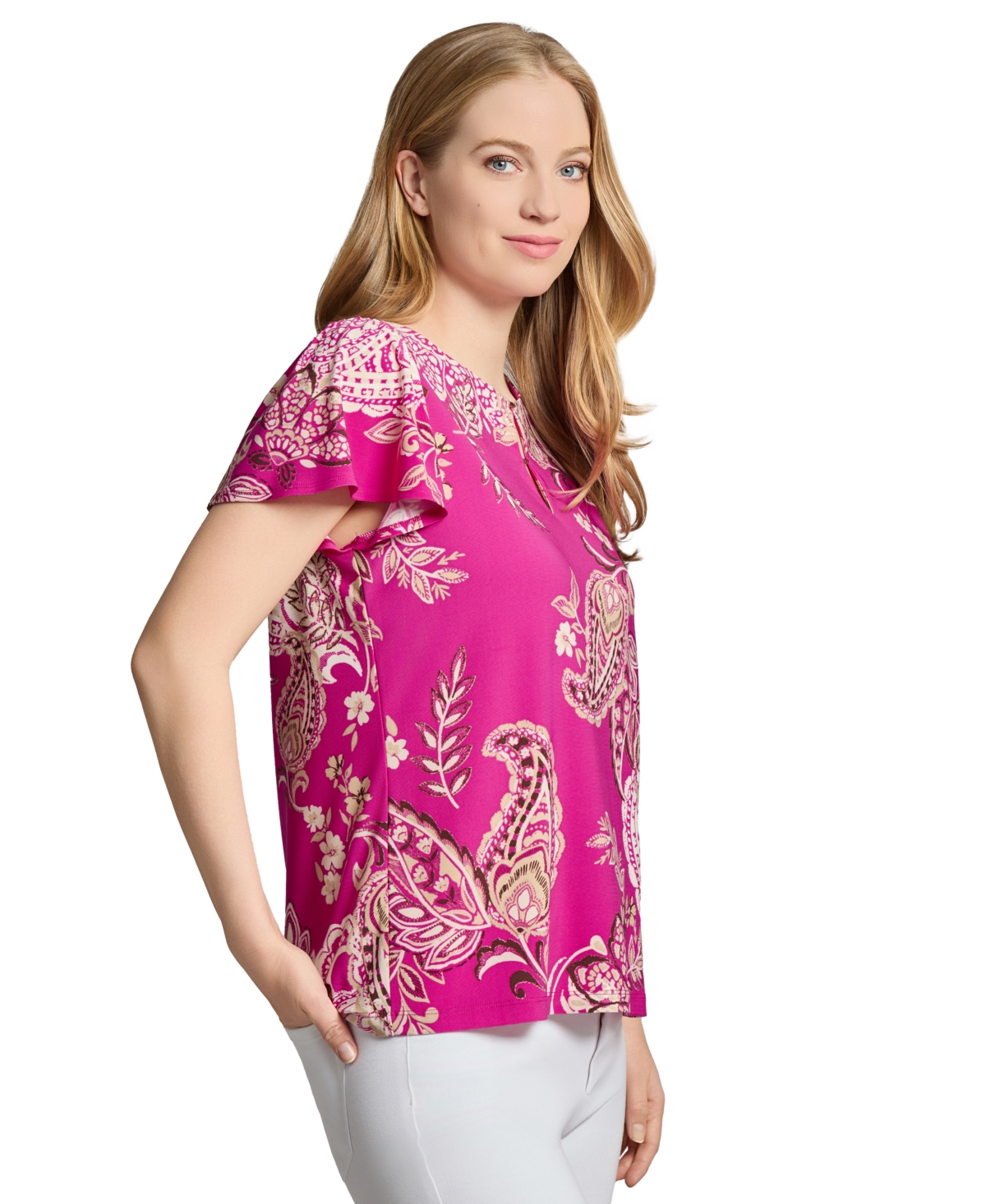 Jones New York Petite Paisley-print Keyhole Flutter-sleeve Top In Pink