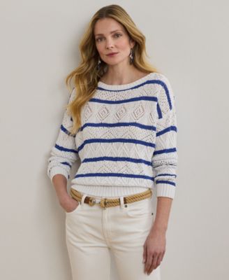 Lauren Ralph Lauren - Petite Striped Pointelle Cotton-Blend Sweater