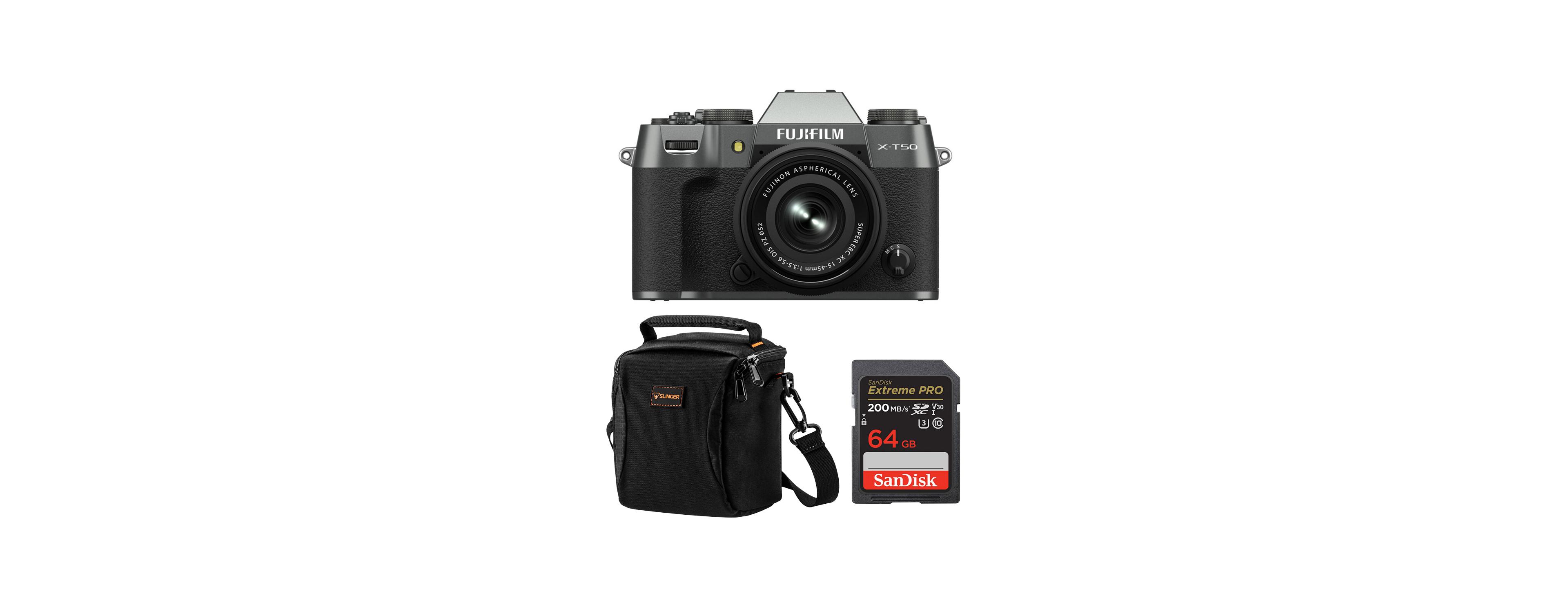 Fujifilm X-T50 Mirrorless Camera, Charcoal Silver with Xc 15-45mm f/3.5-5.6 Ois Pz Lens, Bundle with 64GB Sdxc Memory Card, Alpine 120 Shoulder Bag