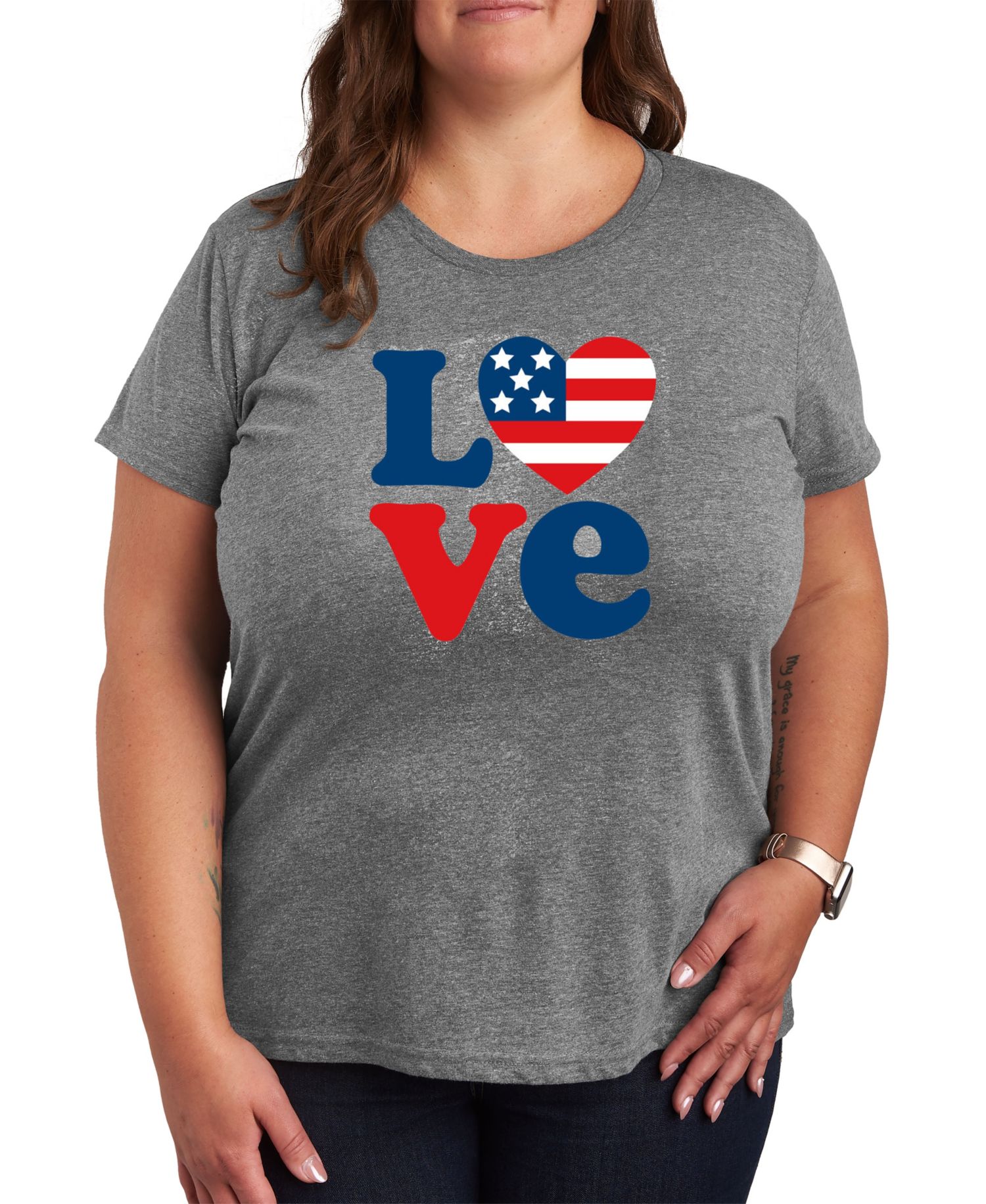 Plus Size Americana Heart Love Flag Graphic Crew Neck T-Shirt