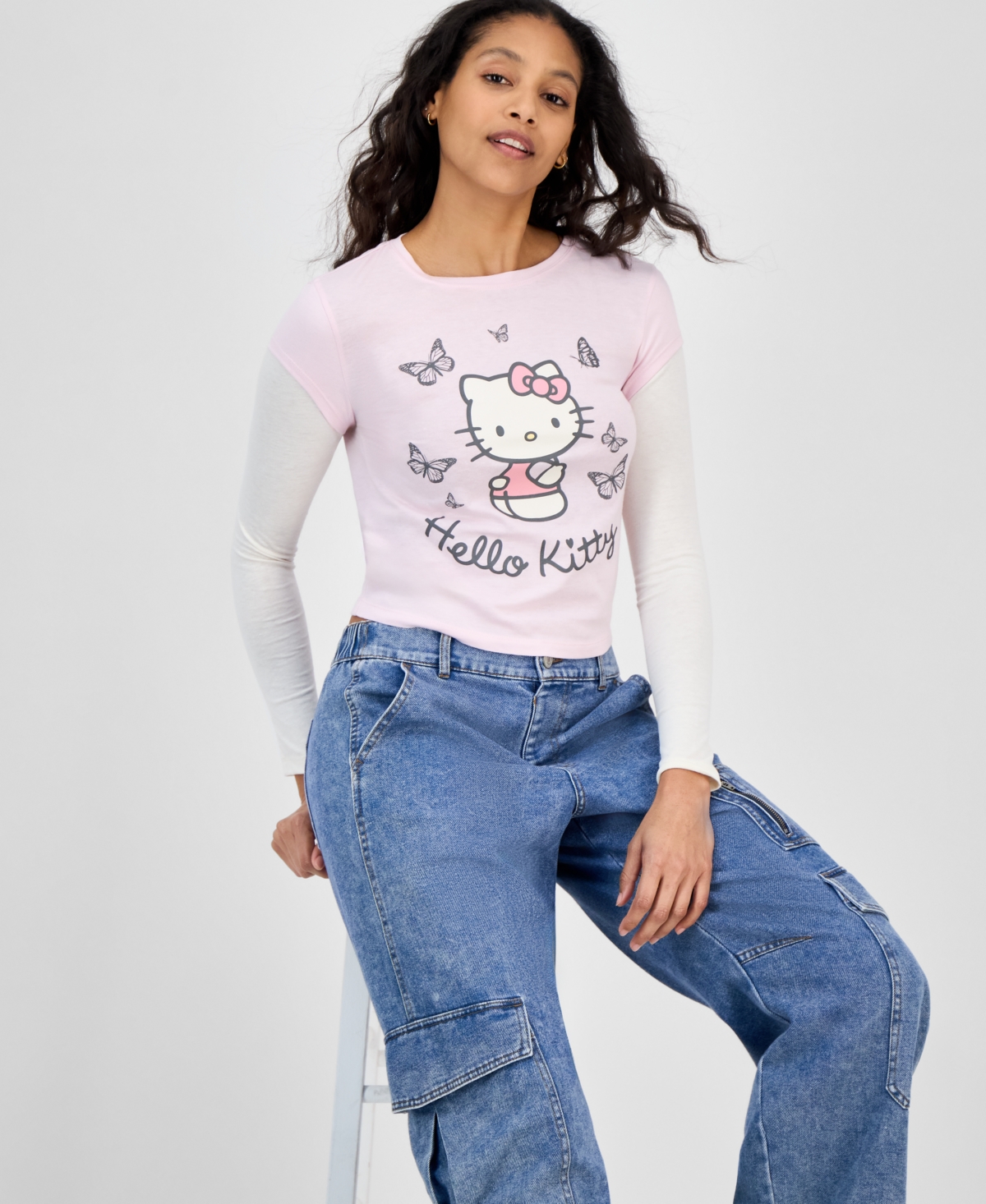Grayson Threads, The Label Juniors' Hello Kitty Long Sleeve Layered Tee In Pink