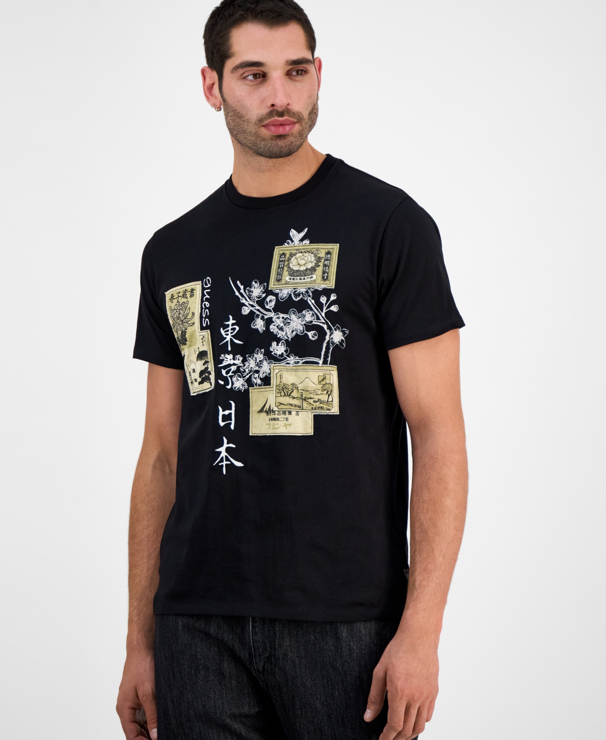 Men's Japanese Stamps Short Sleeve Crewneck Graphic T-Shirt - Jet Black