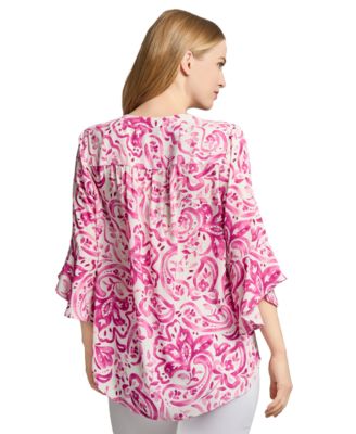 Petite Paisley-Print V-Neck Bell-Sleeve Top
