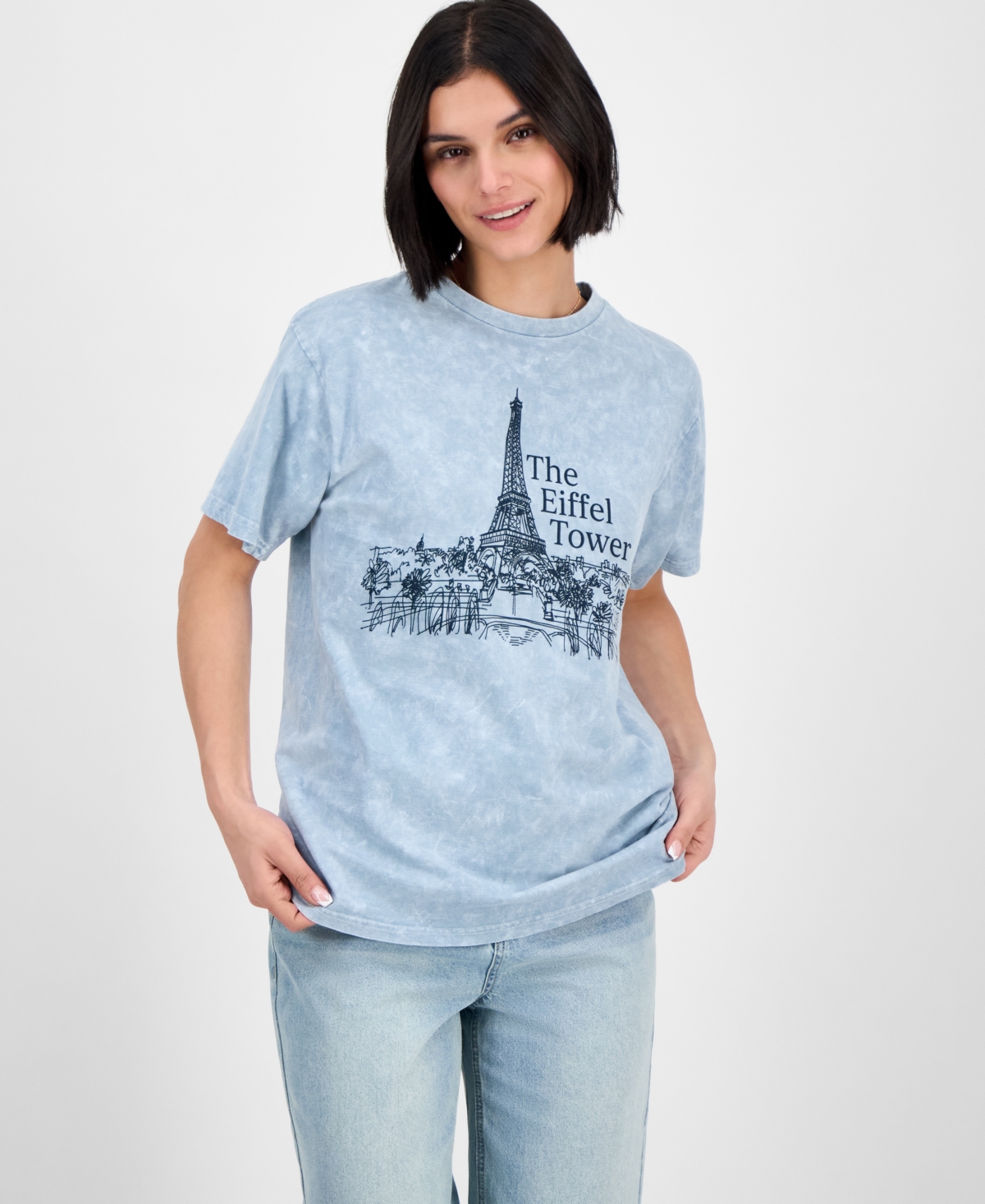 Rebellious One Juniors' Eiffel Tower Mineral Wash Boyfriend T-shirt In Green