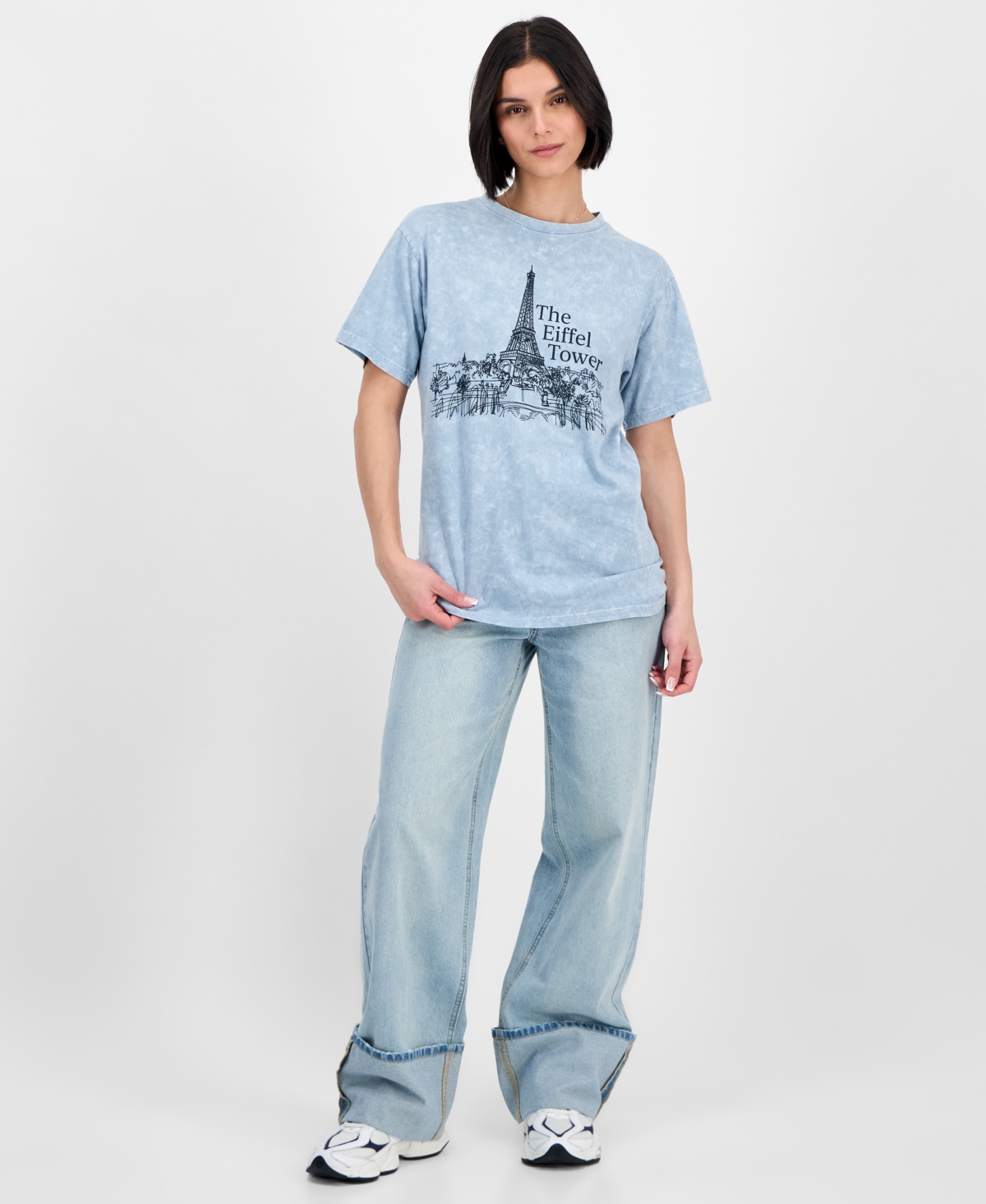Rebellious One Juniors' Eiffel Tower Mineral Wash Boyfriend T-shirt In Green