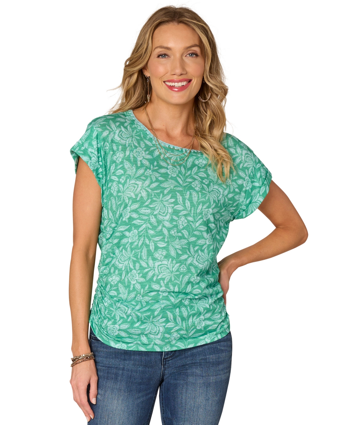 Petite Printed Side-Shirred Rolled-Cuff Top - Marine Green