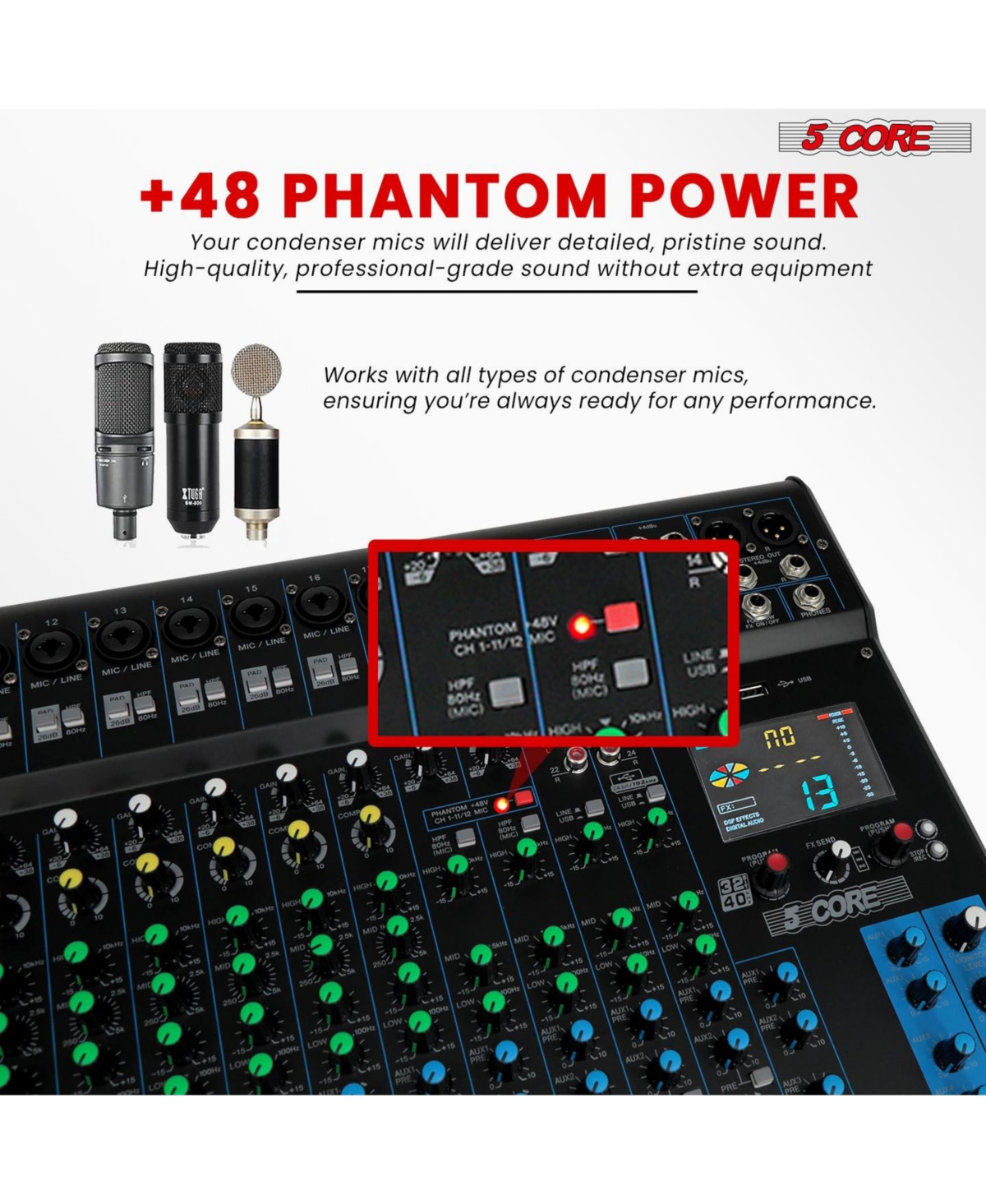 5 Core Dj Audio Mixer 24 Channel Stereo Sound Board w 256 effects Usb Bluetooth 48V Phantom Power