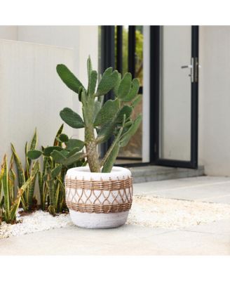 Boho White with Brown Accents 12.2-Inch Round MgO Planter