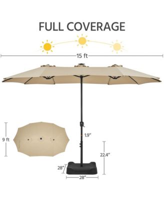 15 ft Patio Parasol with Multi-Mode LED Lights Strips and Base Stand, Tan