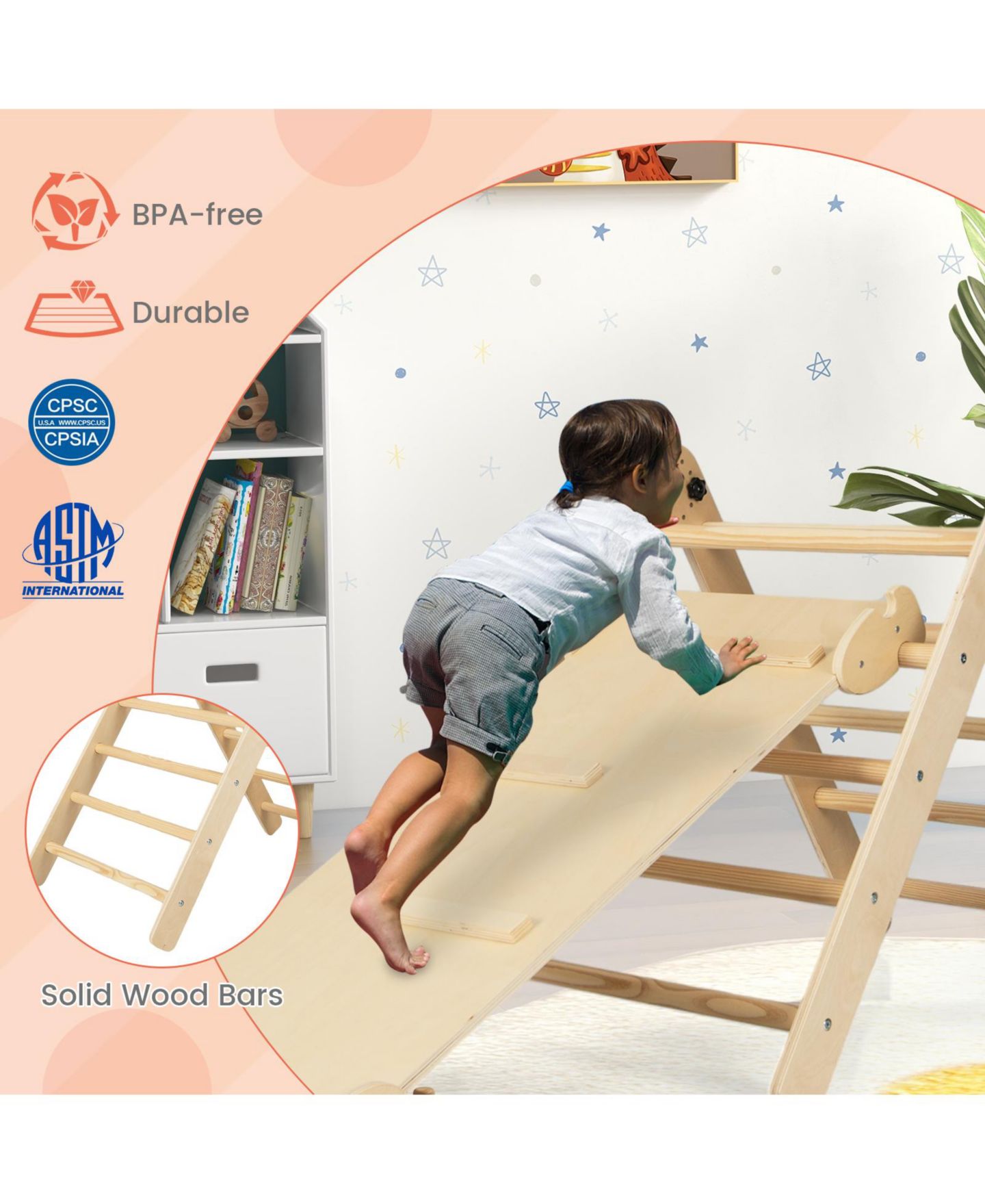 Детские игрушки Mecale 3-in-1 Climbing Set Wood Adjustable Foldable Triangle Set, Ages 3+, цвет: Натуральный — фото 4
