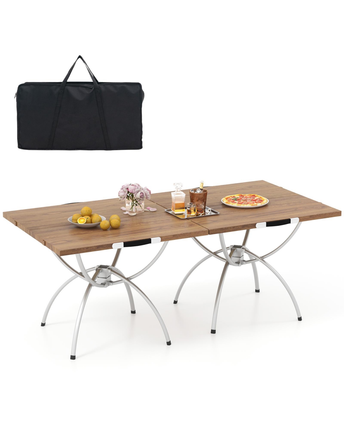 2 Pack Folding Camping Table with Wood-grain Tabletop for Hiking Party - Natural