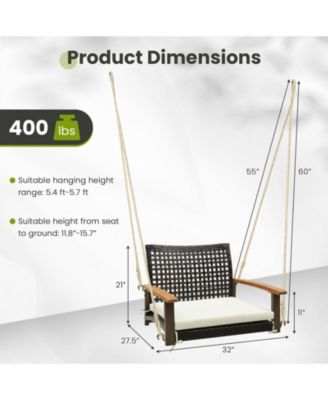Single Rattan Porch Swing with Armrests Cushion and Hanging Ropes