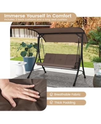 3-Seat Outdoor Porch Swing with Adjustable Canopy and Padded Cushions