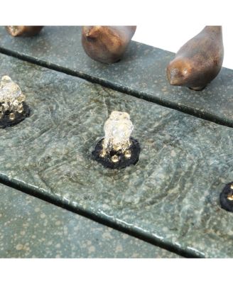 Patina Gray/Green Resin Rectangular Bubbler Outdoor Fountain with LED Lights and Bronze Birds