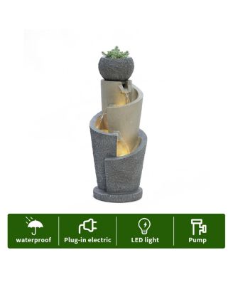 Gray Resin Cascading Spiral Outdoor Fountain with LED Lights