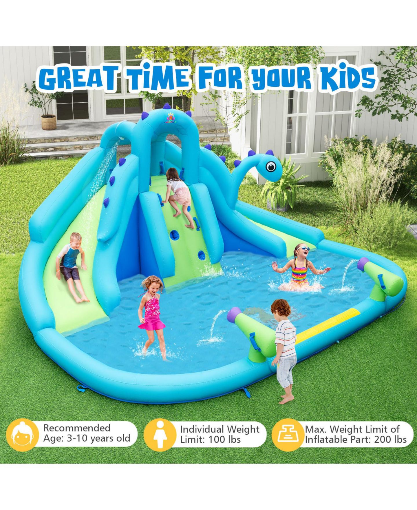 Детские игрушки Mecale Dinosaur-Themed Dual Slides Inflatable Water Slide, Ages 3-10, цвет: Синий — фото 2
