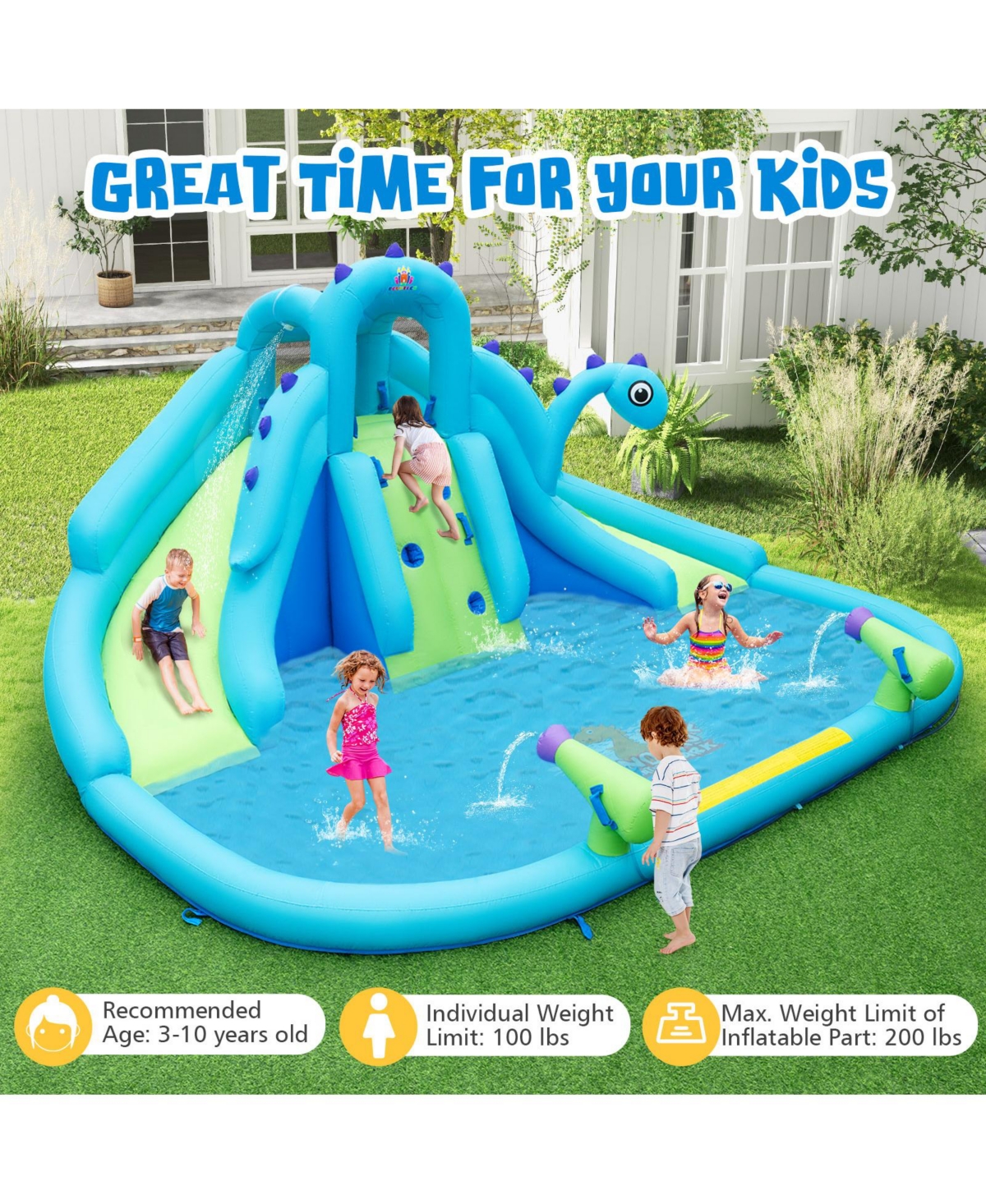 Inflatable Water Slide with Dual Slides and Large Splash Pool (Without Blower)