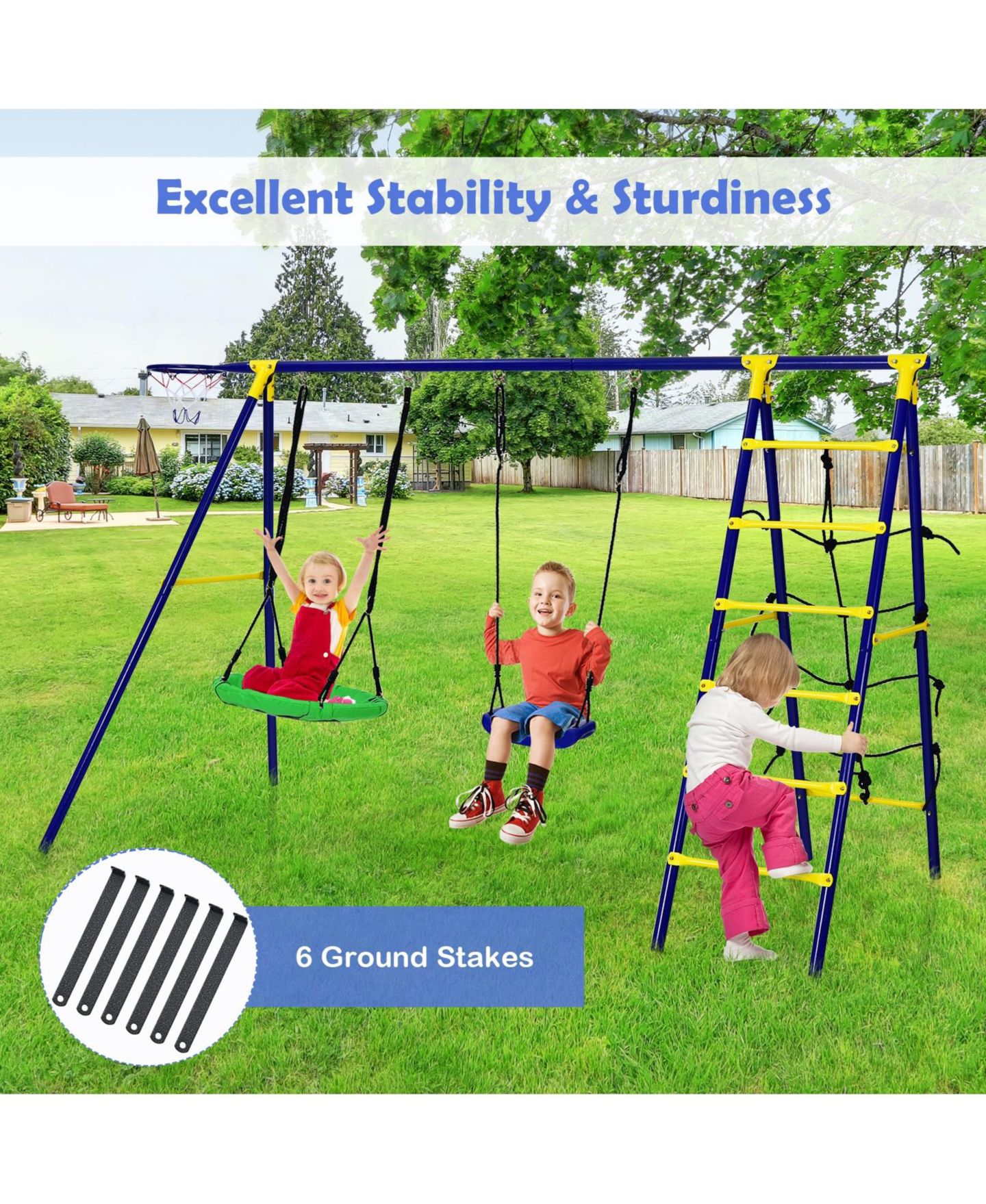 Детские игрушки Mecale 5-in-1 Metal Swing Set with Adjustable Swings, Basketball Hoop & Climbing Ladder, Ages 4+, цвет: Синий — фото 8