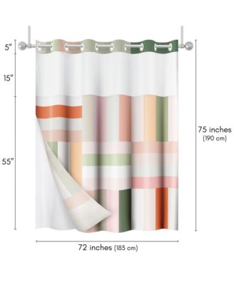 72x75 Hookless Shower Curtain - Abstract Pink Green Orange Shower Curtain with Sheer Panel, Snap-In Liner, and Grommets - 100% Polyester