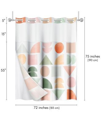 72x75 Hookless Shower Curtain - Abstract Orange Green Shower Curtain with Sheer Panel, Snap-In Liner, and Grommets - 100% Polyester