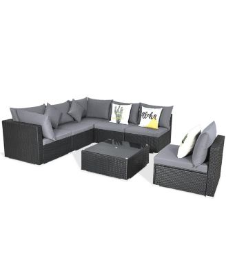 7 Pieces Sectional Wicker Furniture Sofa Set with Tempered Glass Top Coffee Table
